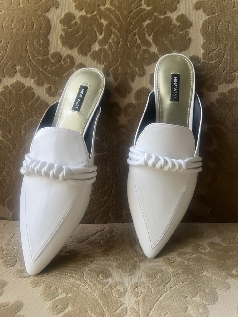 Nine West White Pointed-Toe Braided Slip-On Mules